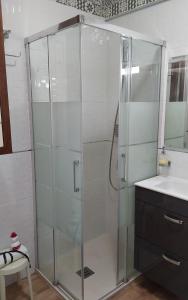 a glass shower in a bathroom with a sink at Apartamento turístico en el centro de Benavente in Benavente