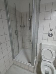 ein Bad mit einer Dusche und einem WC in der Unterkunft Voll ausgestattetes Apartment in Kassel