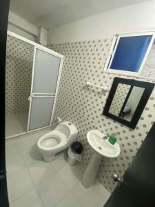 La salle de bains est pourvue de toilettes, d'un lavabo et d'un miroir. dans l'établissement Hotel La Estrella, à San Luis