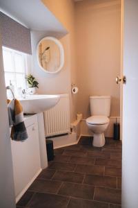 a bathroom with a sink and a toilet and a mirror at Menstrie Castle Stay in Stirling