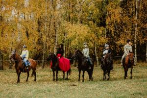 a group of people riding horses in a field at Agroturystyka Włochate Ranczo 