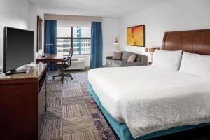 a hotel room with a bed and a flat screen tv at Hilton Garden Inn Atlanta Perimeter Center in Atlanta