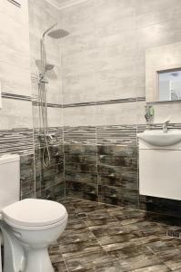 a bathroom with a toilet and a sink and a shower at City Residence Apartments Sofia in Sofia