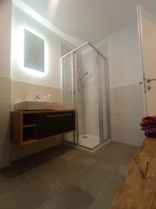 ein Badezimmer mit Dusche und Waschbecken in der Unterkunft Rittertal-Altholzseeblick in Altmünster