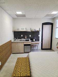 a large room with a kitchen and a bed in it at Las heliconias 3 moderno loft in Oaxaca City +7 photos