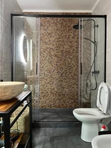 a bathroom with a shower with a toilet and a sink at FURNAS DREAM HOUSE in Furnas +15 photos