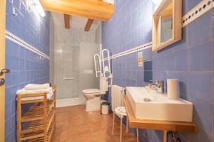 baño de azulejos azules con lavabo y aseo en Pou De Beca Allotjaments i agroturisme en Vall dʼAlba