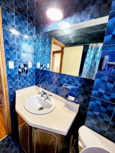 uma casa de banho em azulejos azuis com um lavatório e um WC em TORONTO Midtown Spot 3 em Toronto