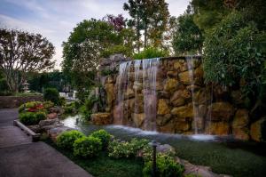a waterfall in a garden with a rock wall at Doubletree by Hilton Los Angeles Downtown in Los Angeles
