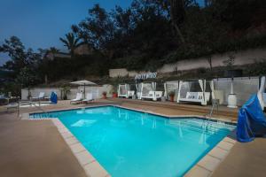 洛杉磯的住宿－洛杉磯/好萊塢希爾頓花園酒店，庭院里的一个蓝色海水大型游泳池