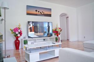 a white living room with a tv and a couch at Tranquil cozy Apartment in charming area in Albany