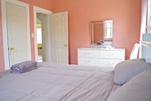 een slaapkamer met 2 bedden en een spiegel bij Tranquil cozy Apartment in charming area in Albany