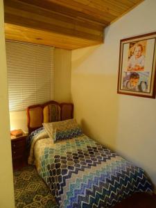 um quarto com uma cama e uma fotografia na parede em Casa tranquila em Mosquera