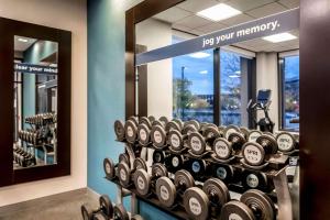 una fila de pesas en un gimnasio con espejo en Hampton Inn & Suites Pittsburgh Downtown, en Pittsburgh