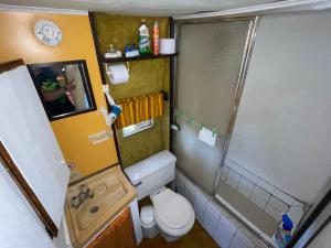La petite salle de bains est pourvue d'une douche et de toilettes. dans l'établissement Backpack Cabin A 49149, à Oranjestad