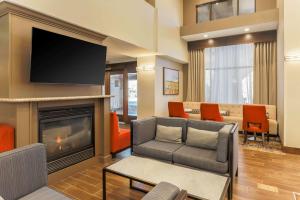 a living room with a couch and a fireplace at Hampton Inn & Suites Windsor-Sonoma Wine Country in Windsor