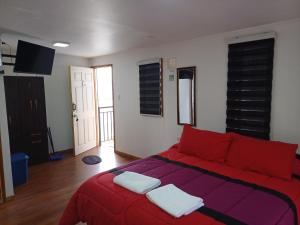 Un dormitorio con una gran cama roja con almohadas rojas en Loftdonalejandro en Machalí