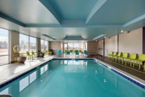 奥利夫布兰奇Home2 Suites By Hilton Olive Branch的一个带绿色椅子的大型游泳池