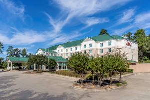 a large white building with a green roof at Hilton Garden Inn Houston/The Woodlands in The Woodlands