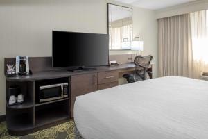 a hotel room with a bed and a flat screen tv at Hilton Garden Inn Reagan National Airport in Arlington