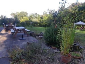 a picnic table and benches in a garden at Chambre d'hôte cosy & zen in Saint-Jean-la-Poterie +7 photos