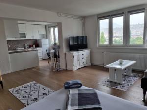 een kamer met een keuken en een woonkamer bij Studio Apartment Urban Haven in Sarajevo