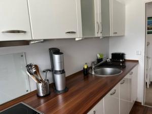 柏林的住宿－Zentrale Wohnung im Grünen!，厨房配有水槽和台面