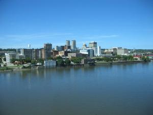 a view of a city from across a river at Embassy Suites East Peoria Hotel and Riverfront Conference Center in Peoria