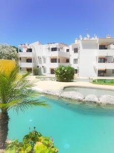 Una piscina frente a un edificio con una palmera. en Jardins da Falesia, en Albufeira