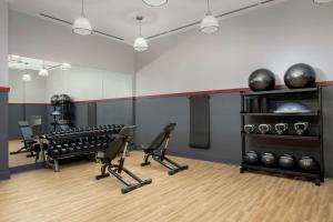 un gimnasio con pesas y pesas en una habitación en Canopy By Hilton Ithaca Downtown, en Ithaca