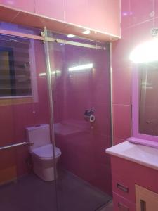 a bathroom with a toilet and a glass shower at 3JD lavishly furnished 2-bed Apt in Lagos