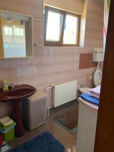 a pink bathroom with a sink and a mirror at Apartman Lavanda in Drvar