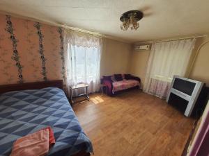 a bedroom with a bed and a tv in it at Однокімнатна квартира подобово у центрі міста in Kryvyi Rih