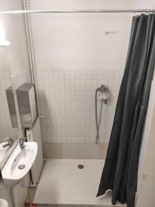 La salle de bains est pourvue d'un rideau de douche et d'un lavabo. dans l'établissement Maison de Campagne en centre Bourg, à Renaison