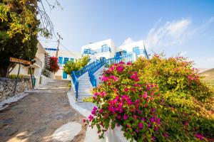 a row of blue and white buildings with pink flowers at St.George Valsamitis in Katapola