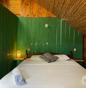格拉納達的住宿－Casa Caracola，一间卧室设有一张带床铺的绿色墙壁