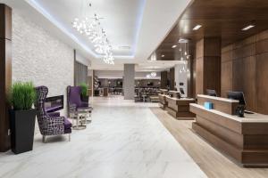 an office lobby with purple chairs and desks at Hilton Garden Inn Ottawa Downtown in Ottawa