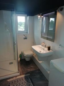 Un baño con inodoro, lavabo y ducha. en Mrągowo Pokoje Apartament, en Mrągowo 29 fotos más