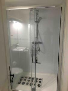 eine Dusche mit Glastür im Bad in der Unterkunft Luxury villa with amazing views in 3200m2 in Laroque-des-Albères