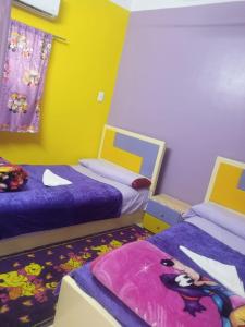 2 camas en una habitación de color amarillo y púrpura en Fekry home en Asuán