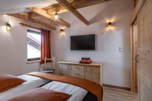 a bedroom with a bed and a flat screen tv at Ski-Bike-Apartment Bayerwald in Lohberg