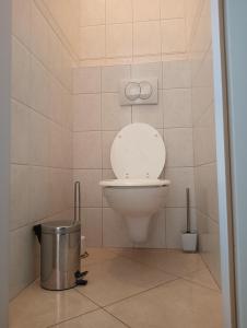 een badkamer met een toilet en een vuilnisbak bij Villa Aspalathos in Kaštela