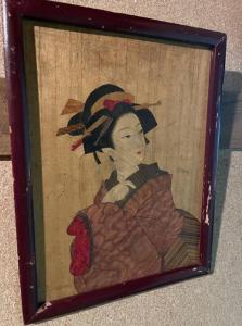 une peinture encadrée d'une femme dans un chapeau dans l'établissement Otomaridokoro Shimonoseki Honmachi - Vacation STAY 15120, à Shimonoseki