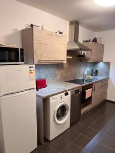 eine Küche mit einer Waschmaschine und einer Waschmaschine in der Unterkunft Dům na pohodu in Hýsly