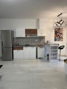 een keuken met witte kasten en een roestvrijstalen koelkast bij Apartman Gabi in Subotica