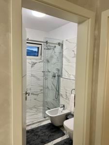 シビウにあるBO│NO Apartmentのシャワー、トイレ、洗面台を備えたバスルーム +8枚の写真