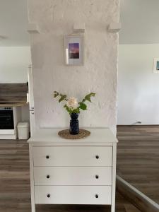 a white dresser with a vase with flowers on it at Ferienwohnung Stille am Haff in Gummlin