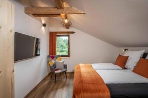 um quarto com uma cama, uma televisão e uma cadeira em Ski-Bike-Apartment Bayerwald em Lohberg