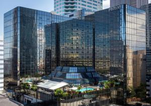 坦帕坦帕市中心希尔顿酒店的城市中一座大型玻璃建筑的景色