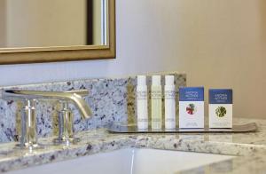 um balcão de casa de banho com um lavatório e um espelho em DoubleTree by Hilton Washington DC – Crystal City em Arlington